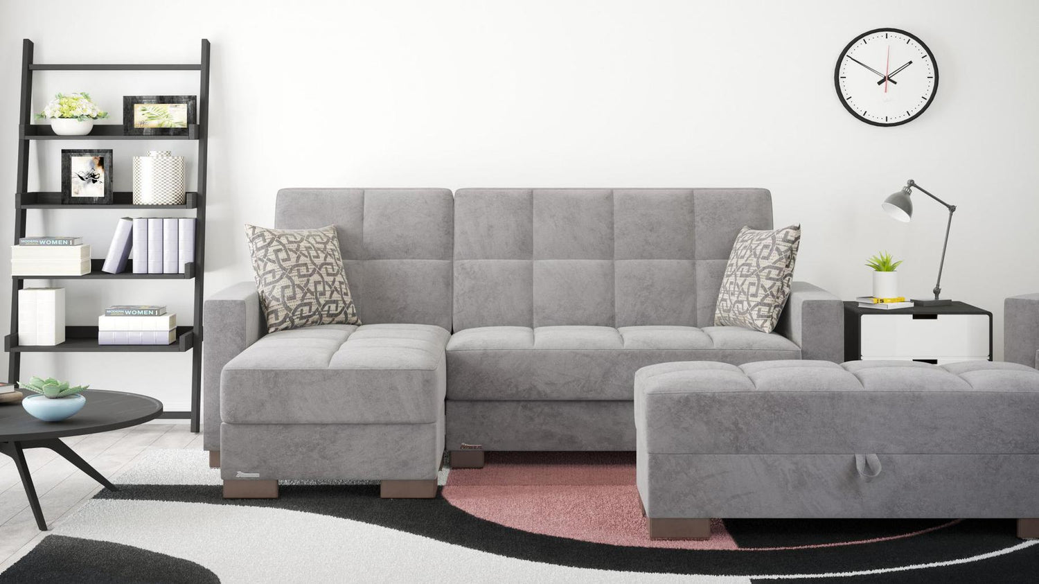 Grey Armada Chaise Lounge sofa bed with storage in a cozy living room, front-facing view.
